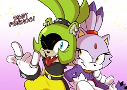 Size: 4096x2916 | Tagged: safe, artist:thenovika, blaze the cat, surge the tenrec, cat, tenrec, duo, gradient background, holding them, horn sign, sharp teeth, tongue out, wink
