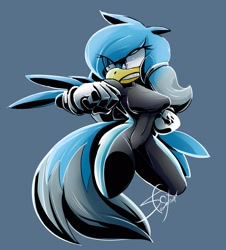 Size: 2257x2500 | Tagged: safe, artist:samfoxslayer, oc, oc:sky ice, bird, blue background, fighting pose, hair over one eye, parrot, simple background, solo