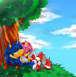 Size: 942x952 | Tagged: safe, artist:dj-mika, amy rose, sonic the hedgehog, hedgehog, amy x sonic, shipping, straight