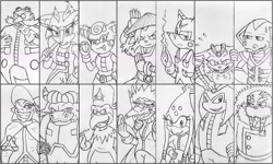 Size: 1600x963 | Tagged: safe, artist:fereise, abyss the squid, akhlut the orca, axel the water buffalo, battle lord kukku xv, cassia the pronghorn, clove the pronghorn, conquering storm, lord hood, maw the thylacine, nephthys the vulture, robotnik, thunderbolt the chinchilla, tundra the walrus, wendy naugus, bird, deer, human, lynx, thylacine, walrus, buffalo, chinchilla, cobra, everyone is here, group, kukku, orca, pencilwork, simple background, sketch, snake, squid, vulture, whale, white background