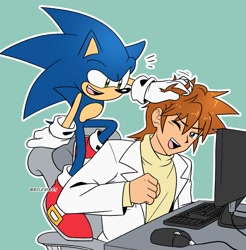 Size: 907x922 | Tagged: safe, artist:artsriszi, chris thorndyke, sonic the hedgehog, hedgehog, human, blue background, chair, computer, duo, male, ruffling hair, simple background