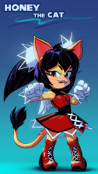 Size: 1280x2276 | Tagged: safe, artist:vladimirjazz, honey the cat, cat, character name, female, gradient background, honey's sharp dress, lip bite, solo, sonic the fighters