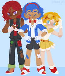 Size: 1280x1484 | Tagged: safe, artist:ecaras-art, knuckles the echidna, miles "tails" prower, sonic the hedgehog, human, humanized, lineless, team sonic, trio