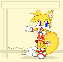 Size: 558x550 | Tagged: safe, artist:gospel, miles "tails" prower, fox, character name, cute, dress, ear fluff, english text, female, gender swap, gloves, hand-out, looking at viewer, rhythm badge, shoes, socks, solo, standing, tailabetes