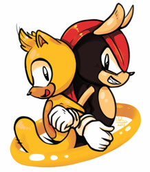 Size: 1024x1175 | Tagged: safe, artist:electrisa, mighty the armadillo, ray the flying squirrel, armadillo, flying squirrel, back to back, clenched teeth, duo, gloves, linking arms, looking at viewer, male, males only, mouth open, ring, signature, simple background, smile, standing, white background