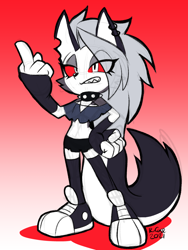 Size: 780x1040 | Tagged: safe, artist:rcase, barely sonic related, flipping the bird, hellhound, helluva boss, loona, middle finger, mobianified, red sclera, solo