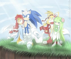 Size: 1200x1000 | Tagged: safe, artist:brandonallen1213, cosmo the seedrian, miles "tails" prower, sally acorn, sonic the hedgehog, group, shipping, sonally, straight, tailsmo