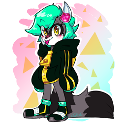 Size: 2480x2480 | Tagged: safe, artist:cyberrose, oc, oc:rose raccoon, raccoon, abstract background, ambiguous gender, gradient background, looking at viewer, semi-transparent background, solo, tongue out