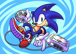 Size: 1596x1140 | Tagged: safe, artist:blorborblo, sonic the hedgehog, hedgehog, controller, dreamcast, solo, video game console