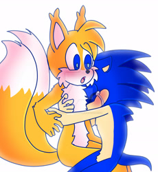 Size: 1920x2086 | Tagged: safe, artist:crazygreenfluff, miles "tails" prower, sonic the hedgehog, fox, hedgehog, blushing, crying, deviantart watermark, duo, ear fluff, eyes closed, gay, hugging, looking offscreen, male, males only, mouth open, shipping, simple background, sitting, sonic x tails, surprise hug, surprised, tears of sadness, watermark, white background