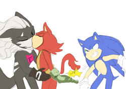 Size: 1024x725 | Tagged: safe, artist:hhuniii, gadget the wolf, infinite the jackal, sonic the hedgehog, hedgehog, jackal, wolf, clenched teeth, eyes closed, gay, gloves, hand on another's waist, high five, kiss, kiss and high five, looking at them, male, males only, meme, phantom ruby, rookinite, shipping, simple background, trio, white background