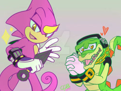 Size: 900x675 | Tagged: safe, artist:asb-fan, espio the chameleon, vector the crocodile, crocodile, lizard, admiration, chameleon, gay, gloves, grey background, hands together, heart, heart eyes, holding something, kunai knife, lidded eyes, looking at them, looking at viewer, male, males only, mouth open, shipping, simple background, solo, sparkles, standing, vecpio