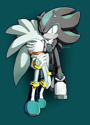 Size: 1024x1423 | Tagged: safe, artist:koudoku-chan, mephiles the dark, silver the hedgehog, hedgehog, sonic the hedgehog (2006), boots, clenched teeth, covering another's eyes, deviantart watermark, duo, gay, gloves, gradient background, looking at viewer, mephilver, no mouth, shipping, shoes, signature, standing, sweatdrop, watermark