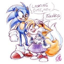 Size: 1000x1000 | Tagged: safe, artist:longcriercat, miles "tails" prower, sonic the hedgehog, fox, hedgehog, blushing, clenched teeth, dialogue, duo, female, floppy ears, gloves, goggles, hand on another's head, jacket, looking at each other, male, mouth open, raised eyebrow, shoes, shy, siblings, signature, simple background, sketch, skirt, smile, socks, speech bubble, standing, trans female, trans girl tails, transgender, white background