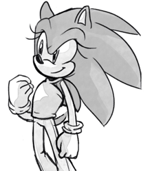 Size: 540x612 | Tagged: safe, artist:kadybat, sonic the hedgehog, hedgehog, clenched fist, eyelashes, female, gloves, looking offscreen, monochrome, pants, simple background, sleeveless shirt, smile, solo, standing, trans female, transgender, white background