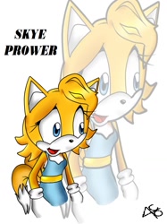 Size: 772x1034 | Tagged: safe, artist:onlysonamy, skye prower, fox, character name, dress, echo background, english text, female, gender swap, gloves, looking offscreen, mouth open, signature, simple background, solo, standing, two tails, white background