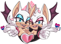 Size: 1280x915 | Tagged: safe, artist:comfiesilv, rouge the bat, bat, abstract background, bisexual pride, duo, fangs, featured image, female, gender swap, gloves, heart, male, mouth open, pointing, self paradox, smile, trans male, trans pride, transgender, wink