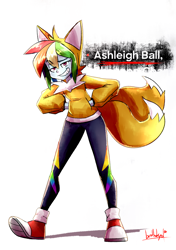 Size: 2316x3292 | Tagged: safe, artist:dashblitz, miles "tails" prower, human, sonic prime, barely sonic related, hands in pocket, kigurumi, multi tails, my little pony, rainbow dash, simple background, solo, voice actor joke, white background