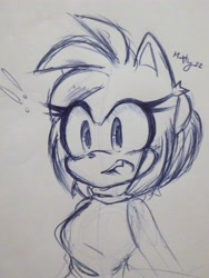 Size: 3072x4096 | Tagged: safe, artist:mariroseheart1, amy rose, hedgehog, exclamation mark, female, grey background, looking offscreen, monochrome, mouth open, one fang, signature, simple background, sketch, solo, standing, traditional media
