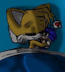 Size: 401x448 | Tagged: safe, artist:arcticcryptid, miles "tails" prower, fox, bed, cute, eyes closed, gay, heart, hugging, lying down, male, pillow, sleeping, smile, solo, sonic x tails, stuffed animal, tailabetes
