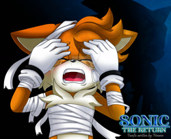 Size: 1280x1039 | Tagged: semi-grimdark, artist:silveralchemist09, miles "tails" prower, shadow the hedgehog, sonic the hedgehog, fox, fanfic:sonic the return, aged up, alternate universe, bandage, chest fluff, crying, deviantart watermark, eyes closed, fanfiction art, floppy ears, gloves, hands on own face, male, mouth open, older, solo, standing, story in description, tears of sadness, watermark