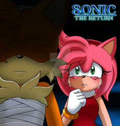 Size: 900x941 | Tagged: semi-grimdark, artist:silveralchemist09, amy rose, miles "tails" prower, fox, hedgehog, fanfic:sonic the return, aged up, alternate universe, amy's halterneck dress, bandage, blushing, chest fluff, clenched fist, clenched teeth, crying, deviantart watermark, duo, english text, fanfiction art, female, frown, gloves, hair over one eye, looking at them, male, older, sad, shadowed face, standing, story in description, tears of concern, watermark, worried