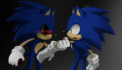 Size: 1450x836 | Tagged: semi-grimdark, artist:risziarts, sonic the hedgehog, oc, oc:sonic.exe, hedgehog, black sclera, bleeding from eyes, blood, blood stain, clenched teeth, duo, gloves, glowing eyes, gradient background, holding another's arm, looking at each other, male, males only, mouth open, red eyes, self paradox, sharp teeth, shocked, signature, standing