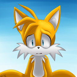 Size: 1500x1500 | Tagged: safe, artist:vagabondwolves, miles "tails" prower, fox, chest fluff, gradient background, looking ahead, male, mouth open, sad, signature, solo, standing, worried