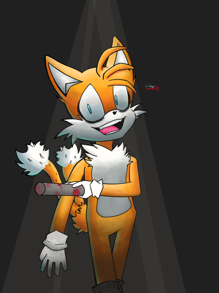 8213 - semi-grimdark, artist:evilmoka, miles tails prower, oc, oc:tails. exe, black sclera, bleeding from eyes, blood, friday night funkin, glowing  eyes, grey background, looking at viewer, no mouth, red eyes, simple  background, solo 