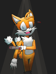 Size: 1536x2048 | Tagged: semi-grimdark, artist:lime860, miles "tails" prower, oc, oc:villain miles, fox, comic:where was my hero?, alternate universe, blood, chest fluff, ear fluff, fangs, gloves, holding something, implied murder, looking at viewer, mouth open, pole, signature, simple background, socks, solo, spotlight, standing