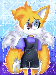Size: 768x1024 | Tagged: safe, artist:morningstarzzzart, miles "tails" prower, fox, abstract background, ear fluff, eyelashes, female, frown, gender swap, gloves, hair over one eye, looking offscreen, overalls, scared, shirt, solo, standing
