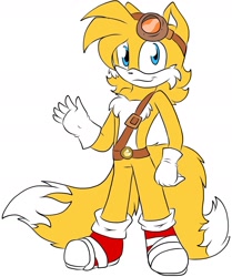 Size: 1283x1536 | Tagged: safe, artist:sparklegirl13, miles "tails" prower, fox, belt, gloves, goggles on head, looking at viewer, male, shoes, simple background, small ears, smile, socks, solo, sonic boom (tv), standing, waving, white background