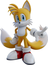 Size: 4597x6210 | Tagged: safe, artist:spoonscribble, miles "tails" prower, fox, sonic adventure, 3d, clenched fist, gloves, hand on hip, looking offscreen, male, pointing, remake, shoes, simple background, smile, socks, solo, standing, transparent background