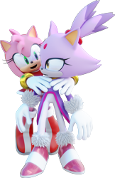 Size: 3567x5507 | Tagged: safe, artist:spoonscribble, amy rose, blaze the cat, cat, hedgehog, 3d, boots, duo, female, females only, gloves, hands on another's shoulders, heels, looking at each other, mario & sonic at the rio 2016 olympic games, mouth open, simple background, socks, transparent background