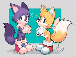 Size: 1713x1275 | Tagged: safe, artist:miyartz, miles "tails" prower, oc, oc:odd the wolf, fox, wolf, cute, duo, ear fluff, frown, gloves, hands together, heterochromia, leaning in, looking at viewer, male, males only, neck fluff, odd shoes, oddabetes, sad, shoes, signature, socks, sparkles, standing, tailabetes