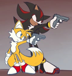Size: 1447x1536 | Tagged: safe, artist:fettiowi, miles "tails" prower, shadow the hedgehog, fox, hedgehog, angry, chest fluff, duo, frown, gloves, gradient background, gun, holding something, looking offscreen, male, males only, shoes, socks, standing, this will end in injury and/or death