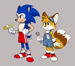 Size: 932x822 | Tagged: safe, artist:pandaman85, miles "tails" prower, sonic the hedgehog, fox, hedgehog, chest fluff, colored ears, colored tail, duo, ear fluff, gloves, goggles on head, grey background, hand on hip, looking offscreen, male, males only, overalls, redesign, ring, shoes, shorts, signature, simple background, smile, socks, spanner, spinning, standing