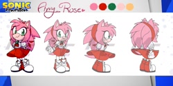 Size: 1000x500 | Tagged: safe, artist:legendary606, amy rose, hedgehog, abstract background, alternate universe, alternate view, au:sonic rewritten, back view, blushing, character name, dress, english text, female, gloves, headscarf, looking at viewer, redesign, shoes, side view, smile, socks, solo, standing