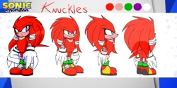 Size: 1000x500 | Tagged: safe, artist:legendary606, knuckles the echidna, echidna, abstract background, alternate universe, alternate view, au:sonic rewritten, back view, bandage, character name, chest fluff, english text, frown, gloves, looking at viewer, looking offscreen, male, redesign, shoes, side view, smile, socks, solo, standing