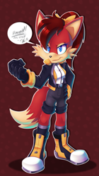 Size: 837x1500 | Tagged: safe, artist:metalpandora, fiona fox, fox, clenched fist, dialogue, female, red background, redesign, solo, speech bubble, standing