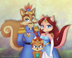 Size: 1178x950 | Tagged: safe, artist:metalpandora, lady alicia acorn, maximillian acorn, sally acorn, abstract background, father and daughter, mother and daughter, trio, younger