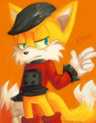 Size: 470x600 | Tagged: safe, artist:tortaviso, miles (anti-mobius), fox, boots, character name, choker, clenched fist, english text, frown, gloves, lidded eyes, lineless, long-sleeved shirt, looking at viewer, male, orange background, simple background, solo, spiked bracelet, v sign