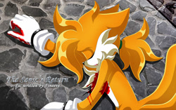 Size: 1024x643 | Tagged: semi-grimdark, artist:silveralchemist09, miles "tails" prower, fox, fanfic:sonic the return, bleeding, bleeding from mouth, blood, death, english text, eyes closed, fanfiction art, gloves, lying on side, male, mouth open, older, ponytail, sidewalk, solo, teenager