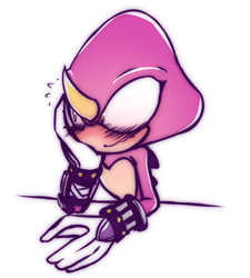 Size: 630x700 | Tagged: safe, artist:royalbootlace, espio the chameleon, blushing, chameleon, frown, gloves, hand on own face, looking offscreen, male, shrunken pupils, simple background, solo, white background
