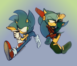 Size: 1400x1200 | Tagged: safe, artist:royalbootlace, sonic the hedgehog, zonic the zone cop, hedgehog, banana, boots, clenched fist, duo, gloves, gradient background, gun, holding something, looking at each other, male, males only, mid-air, self paradox, shoes, smile, socks