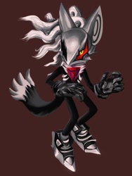 Size: 768x1024 | Tagged: safe, artist:cursedart.org, infinite the jackal, jackal, brown background, chest fluff, gloves, infinite's mask, lineless, looking offscreen, mid-air, phantom ruby, red sclera, shoes, simple background, solo