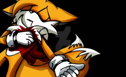 Size: 600x368 | Tagged: semi-grimdark, artist:silveralchemist09, miles "tails" prower, fox, fanfic:the tails ghost, black background, bleeding, bleeding from mouth, blood, chest fluff, clenched fists, death, deviantart watermark, eyes closed, fanfiction art, floppy ears, gloves, hair over one eye, lying back, male, older, simple background, solo, tails abuse, watermark, youtube link in description