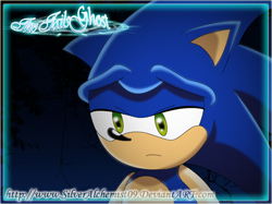Size: 600x449 | Tagged: safe, artist:silveralchemist09, sonic the hedgehog, hedgehog, fanfic:the tails ghost, border, english text, fanfiction art, frown, lidded eyes, looking offscreen, male, sad, solo, sonic x style