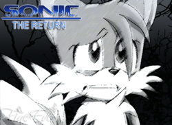 Size: 610x443 | Tagged: safe, artist:silveralchemist09, miles "tails" prower, fox, fanfic:sonic the return, abstract background, chest fluff, clenched teeth, english text, fanfiction art, looking ahead, male, monochrome, sad, solo, standing