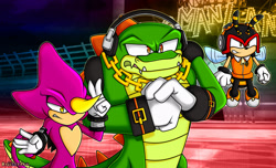 Size: 1920x1164 | Tagged: safe, artist:nejishadow, charmy bee, espio the chameleon, vector the crocodile, bee, sonic forces, abstract background, alternate universe, angry, au:sonic forces rewritten, chameleon, flapping wings, flying, gloves, lidded eyes, looking ahead, male, males only, shoes, standing, team chaotix, trio
